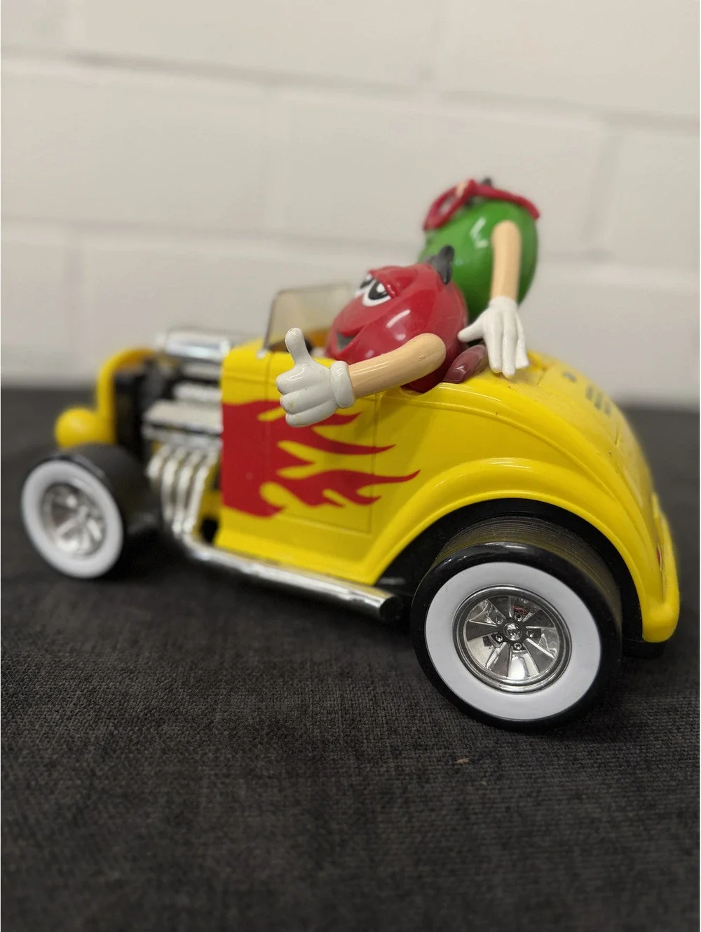 M&M's Yellow Hot Rod Car with Red and Green Characters Figurine